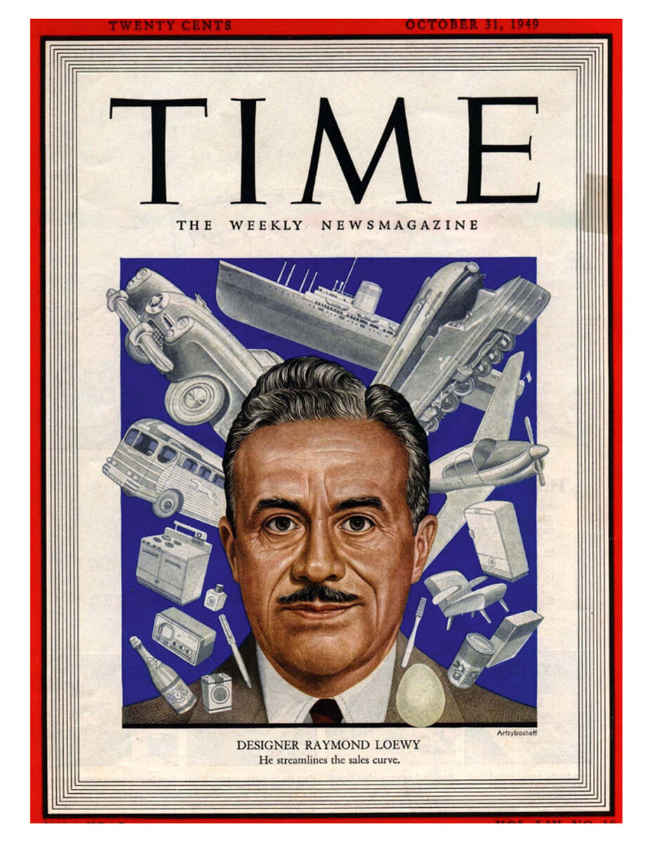 Дизайнер Раймонд Лоуи на обложке журнала Time. Видите среди прочит кораблей и пароходов есть холодильник с обтекаемыми формами?