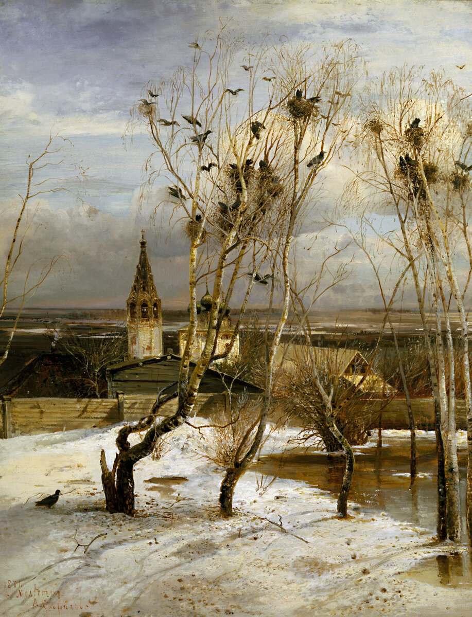 Источник: artchive.ru. Алексей Саврасов «Грачи прилетели» (1871), 62×48,5 см, Государственная Третьяковская галерея, Москва