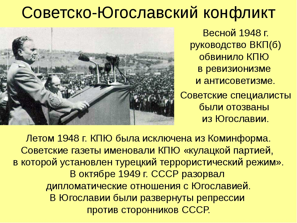 Советско югославский конфликт 1948. Советско-югославский конфликт (1948 — 1953. Югославия и СССР 1948. Разрыв отношений СССР С Югославией.