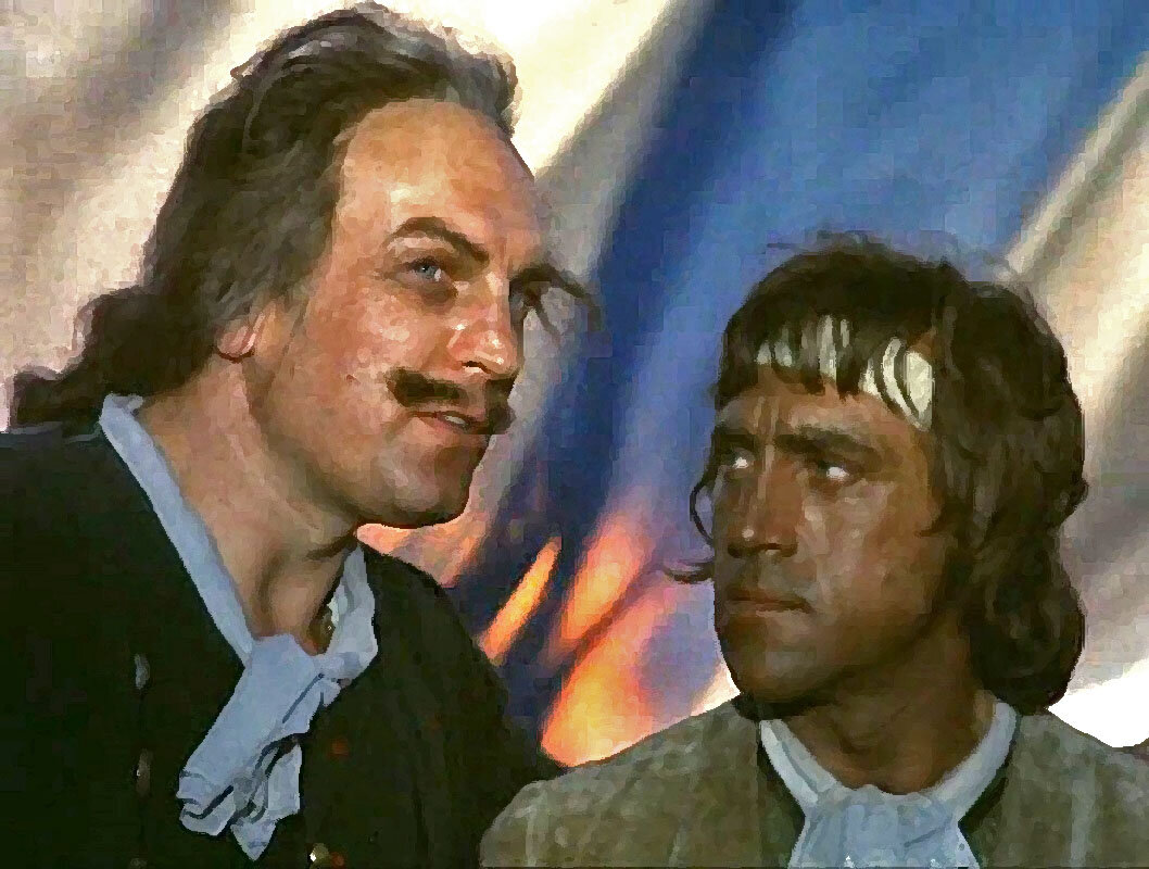 Пётр 1 (А. Петренко) и арап Ибрагим Ганнибал (В. Высоцкий).  — Хочу, чтобы Россия моя подобно небывалому фрегату сошла со стапелей и в плаванье на зависть всем державам!