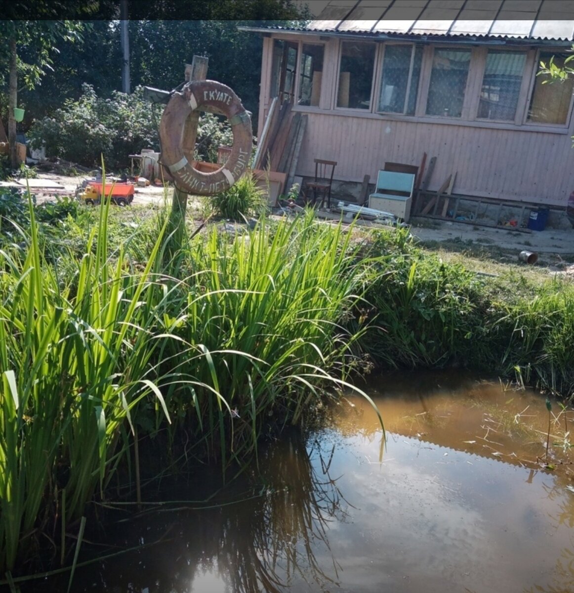 Красницы. Пруд. И вид на веранду-кухню с установленным белым умывальником. 