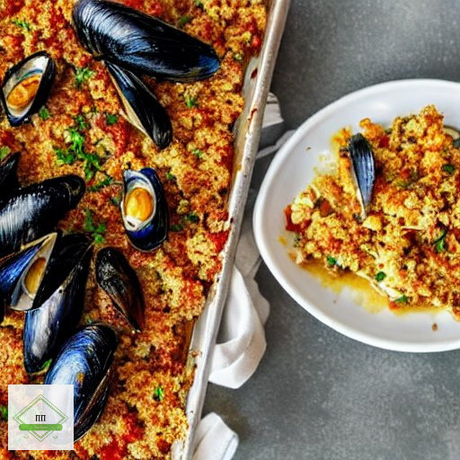 запеченные мидии с фаршем,под коркой из панировочных сухарей