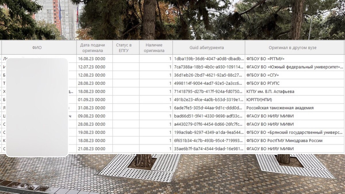 Информация об абитуриентах у которых оригиналы аттестатов в других Университетах. Скрин из информационной системы приемной комиссии