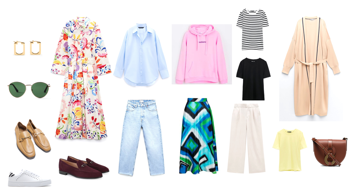 16 вещей, из которых соберётся как минимум 30 комплектов. Добавляя один верх или низ  количество комплектов увеличивается на 3-5