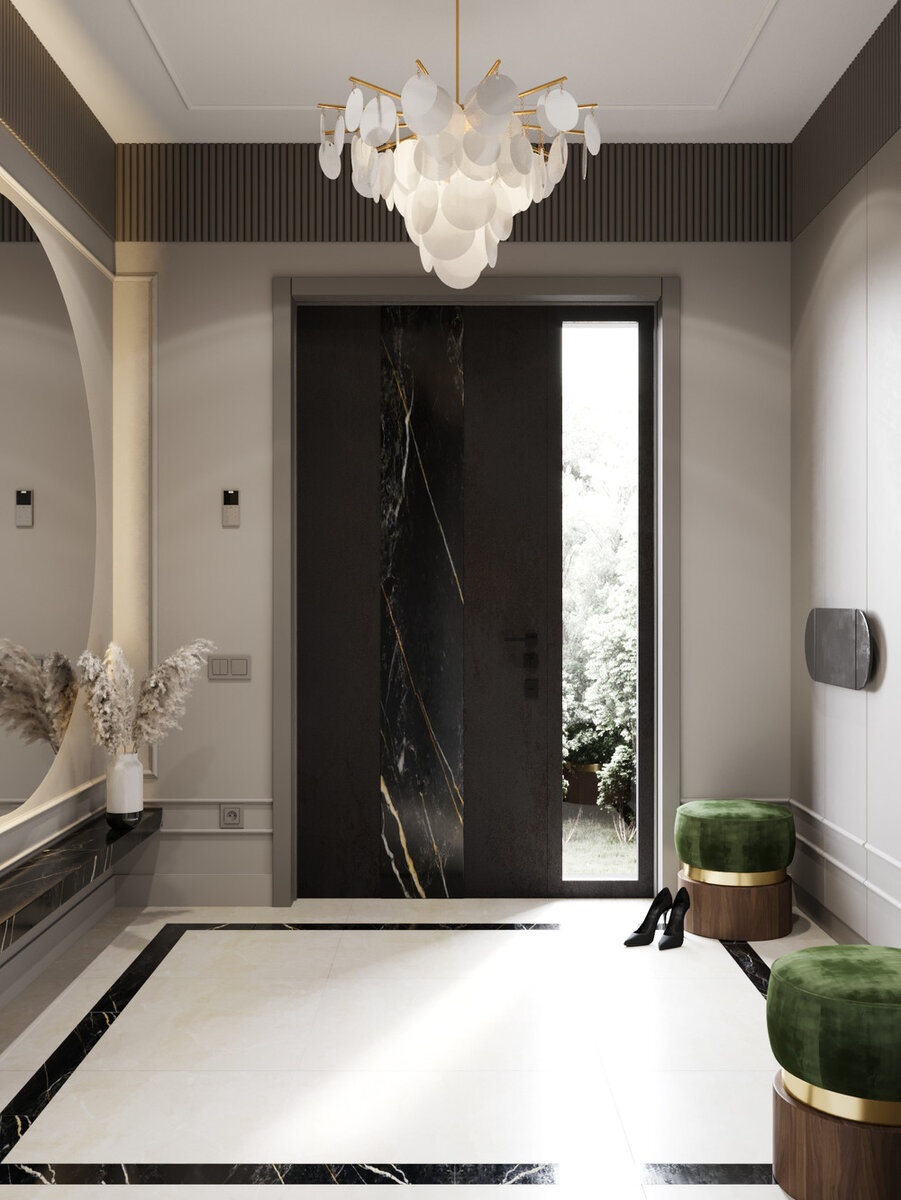 Боковая часть и окна первого этажа изготовлены из ударопрочного стеклопакета триплекс Veka Softline 82 . Что бы обеспечить надежную защиту дома была выбрана входная дверь с врезным замком от немецкого производителя GU с защитой от высверливания. 