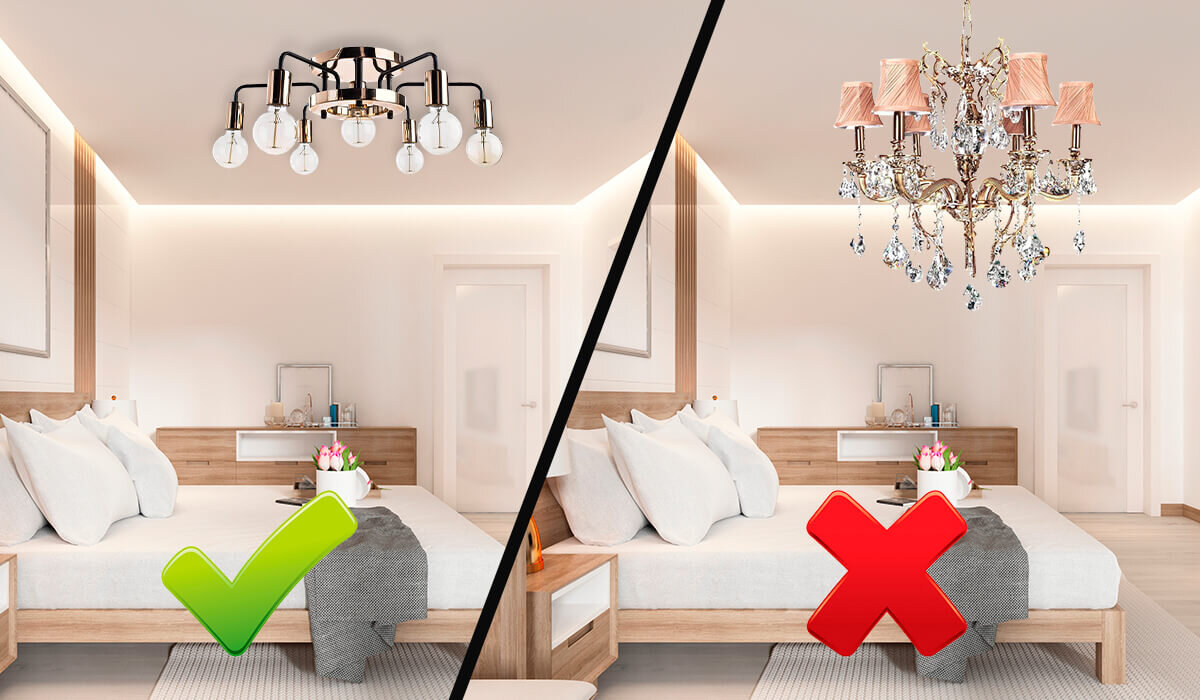 Потолочная минималистичная люстра визуально увеличивает высоту потолка