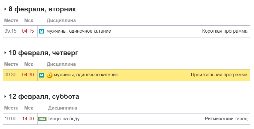 Фрагмент расписания личного турнира в Пекине-2022
