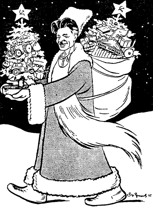 Постышев дарит детям ёлку и новогодние подарки. Какая дата под шаржем, 1935?  В тридцать девятом он был расстрелян. Спасибо товарищу Никите Сергеевичу Хрущёву