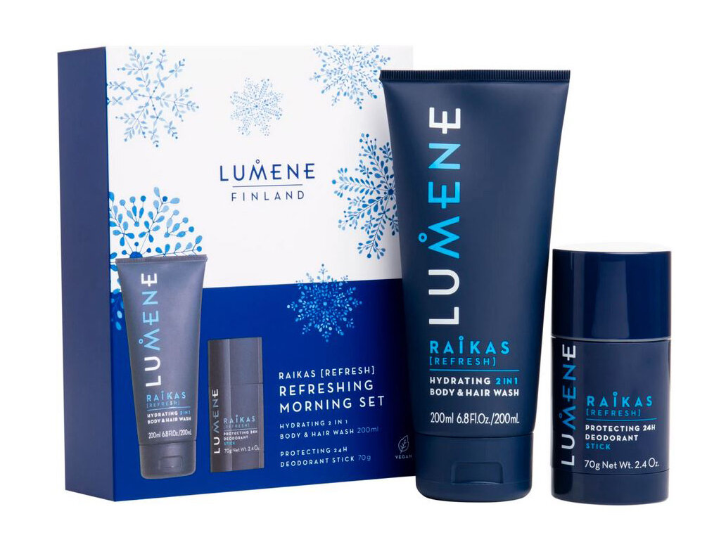 Состав набора: шампунь для тела и волос Raikas Hydrating 2-in-1 Body&hair Wash 200 мл, дезодорант Raikas Protecting 24h Deodorant Stick 70 гр