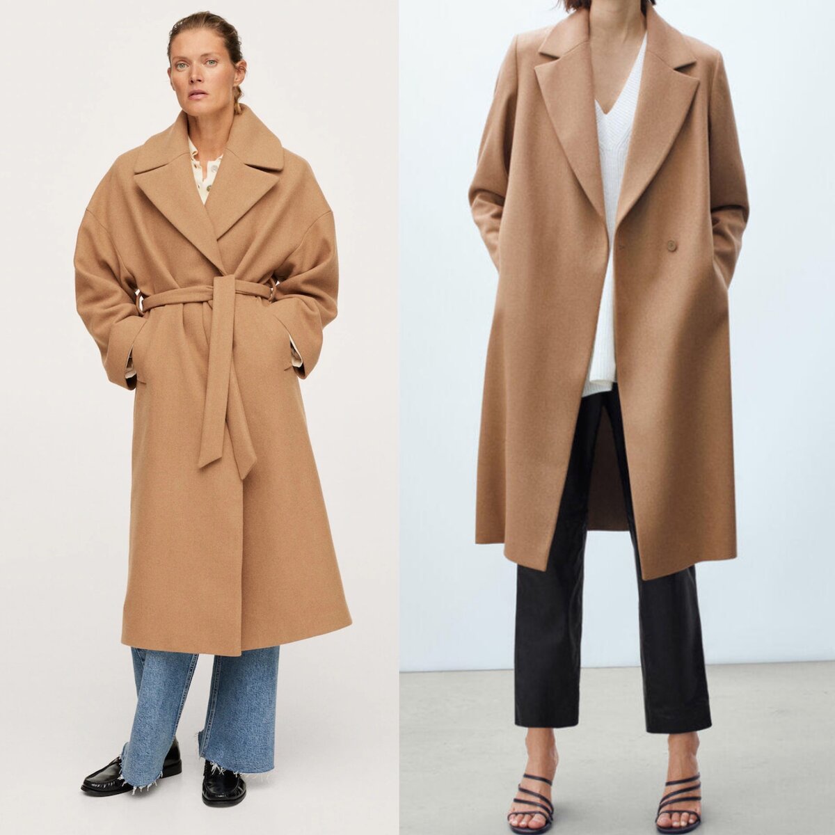 Пальто - халат Mango, арт.  17016704-TIME-LM, 58% шерсть, цена 14 999 руб; пальто Massimo Dutti, арт. IX001XW014A2, 76% шерсть, цена 22 990 руб (фото www.mango.com, www.lamoda.ru)