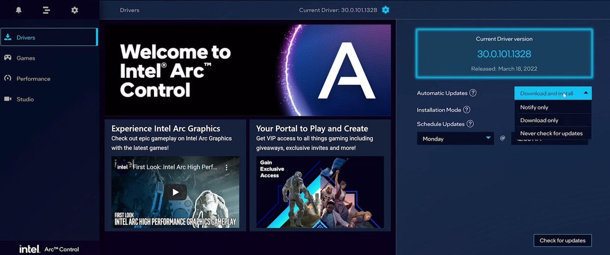 Intel Arc Control (вкладка «Обновление драйвера»), источник: Intel