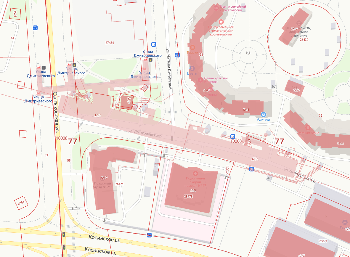 Станция "Улица Дмитриевского" Некрасовской линии на кадастровой карте + слой Яндекс.Карт. 