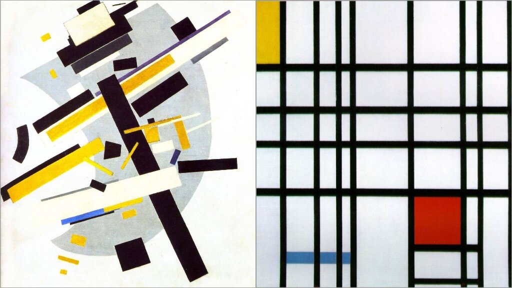 слева: Казимир Малевич "Супрематизм 58" 1916 год; справа: Пит Мондриан "Композиция с желтым, голубым и красным" 1937-1942 годы (Яндекс.Картинки)