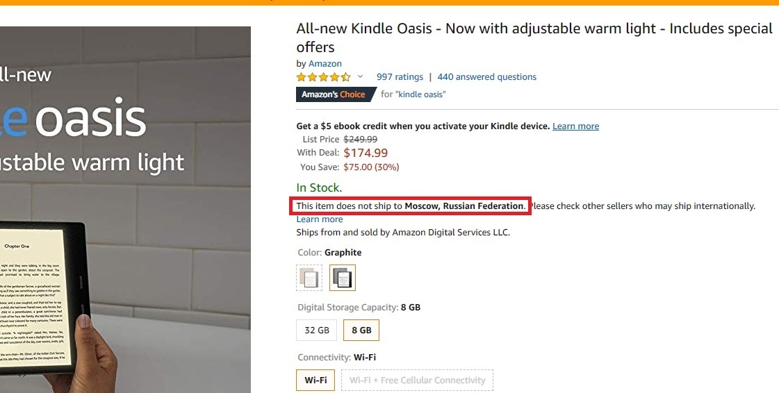 «Доставка в Россию невозможна» – вот что говорит Amazon при попытке заказать Kindle в РФ