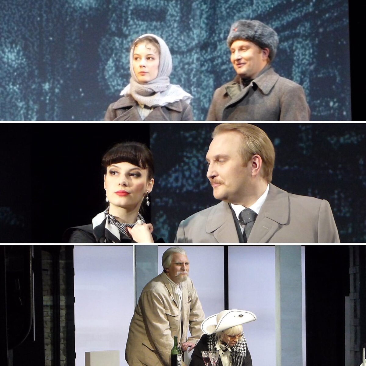 Актеры Полина Рафеева (Гелена) и Иван Захава (Виктор) в разных эпизодах спектакля «Варшавская мелодия» 14 марта 2023 года. Фотография из моего архива