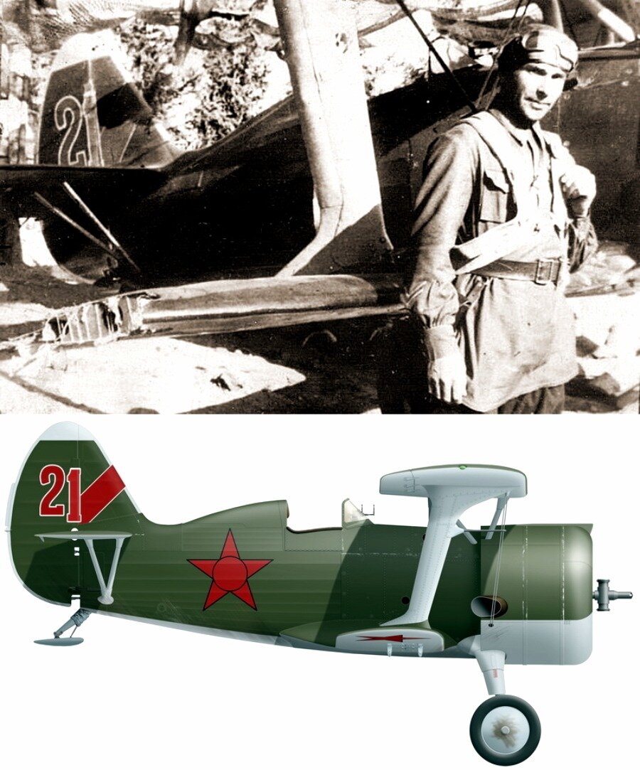 Капитан Митрофан Петрович Краснолуцкий после вылета 12 августа 1941 года возле своего И-15бис. Видна обломленная в результате тарана законцовка правой нижней плоскости. Внизу реконструкция Александра Казакова. Самолет имеет интересную особенность – на нем установлен козырек от И-153.