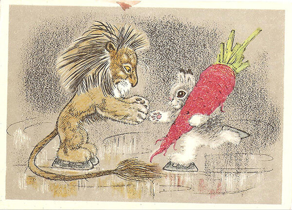 Открытка из набора "Зимняя олимпиада у четвероногих друзей". Выпущена в 1966 году. Худ. А.В. Голубев