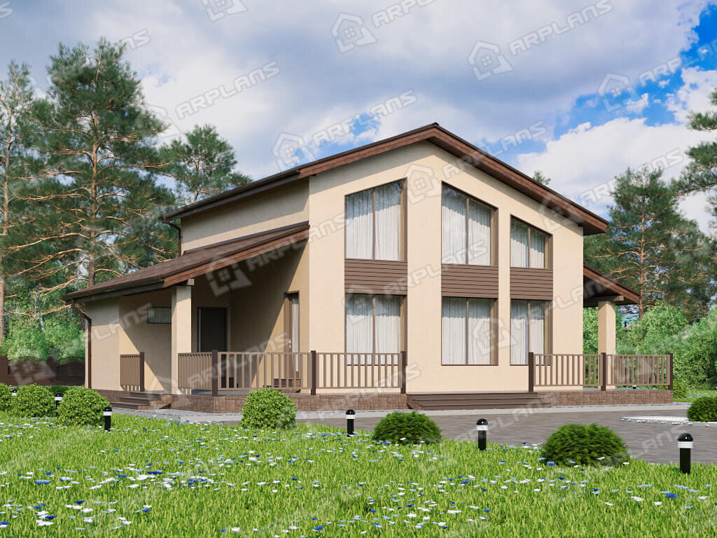 Фото 1 двухэтажного дома из блоков с мансардой, 4 спальнями, газовой котельной и террасой. Общая площадь 191 кв м. Источник arplans.ru Проект К-328