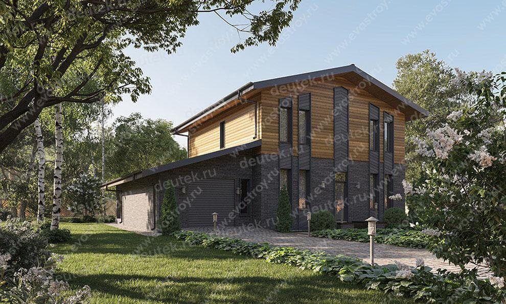 Проект квадратного двухэтажного дома 220 м2 с одноместным гаражом и террасой - LK-27