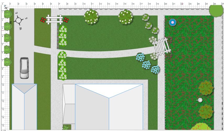 Первый набросок палисадника - пока без плана цветников, просто зоны