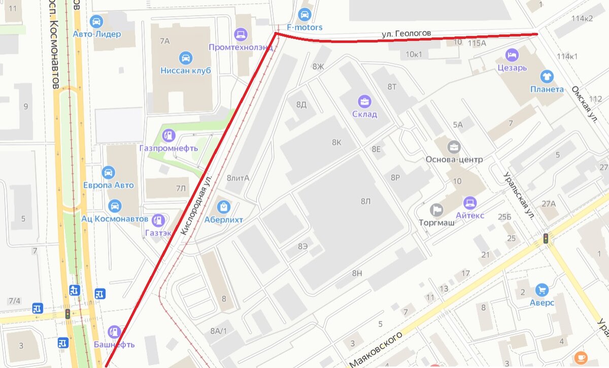 Геологов - Кислородная (Екатеринбург) © Яндекс