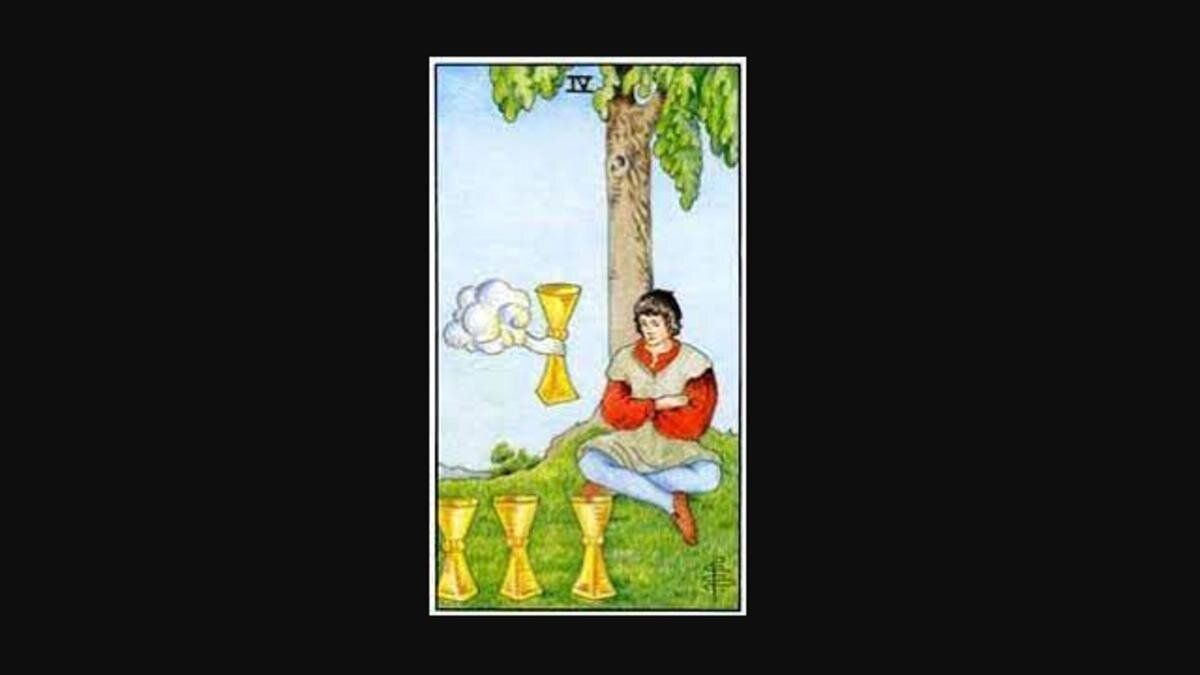 Кубок колоды. Четверка чаш Таро. Четверка кубков Таро. 4 Кубков Таро Перевернутая. Карта Таро 4 кубков.