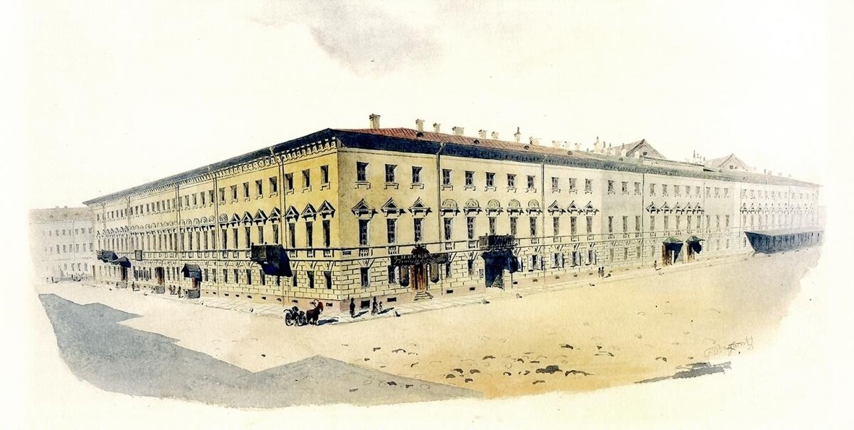 Акварель 1860-х годов. Примерно в том месте, где стоит повозка, в будущем будет вход в "Подвал бродячей собаки" 