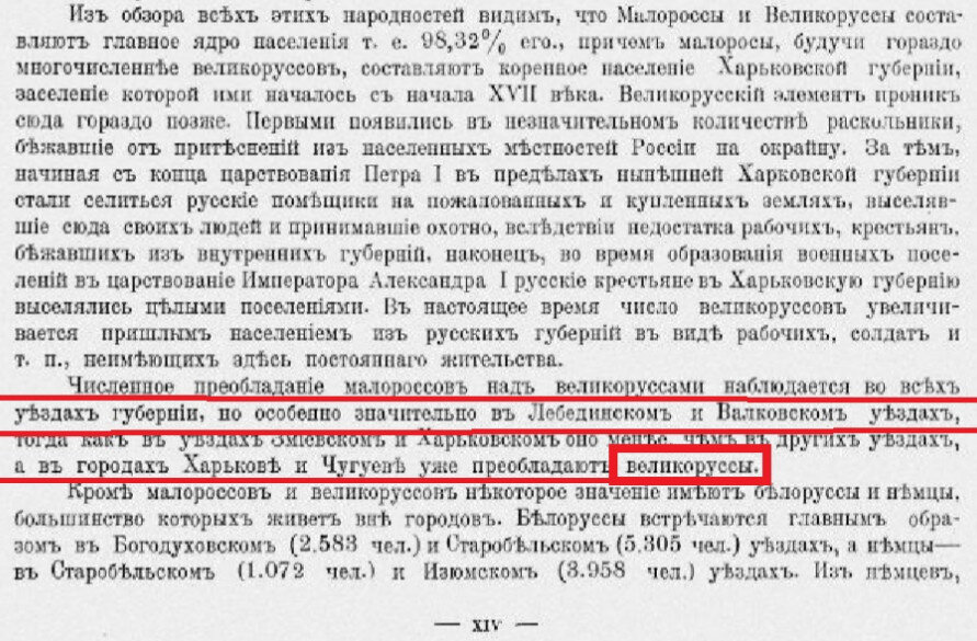Фото страницы из результатов переписи населения в Российской Империи 1897 г. Согласно этой-же переписи, "великороссов" в Харькове проживало 63%, "малороссов" - 26%, плюс иные национальности, включая большое количество евреев.
