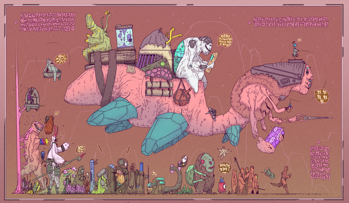 Одна из крупных иллюстраций за прошлый год. Путешественники через различные миры. Люблю эту работу, от неё веет приключениями и такой атмосферой первооткрывателя