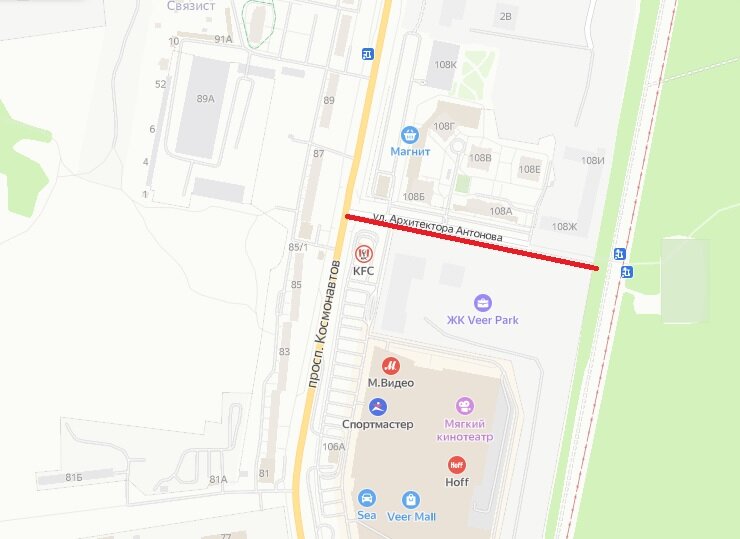 Улица Архитектора Антонова (Екатеринбург) © Яндекс