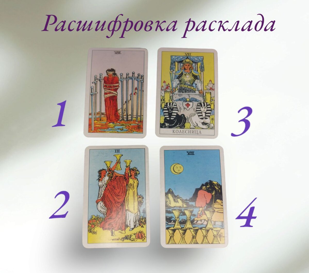 1️⃣. 8 мечей
Ваш ресурс заключается в том, вы имеете огромное количество энергии и сил и можете остановиться в нужный момент, и подумать над своими действиями, обдумать и взвесить все за и против, правильно ли вы поступаете в решении той или иной задачи
2️⃣. 7 СА Колесница
Ваш ресурс заключается в ооч, что вы постоянно находитесь в движение, в стремлении добиться успеха. Но имейте в виду, что колесница не поедет вперёд, если у вас нет чётко поставленной цели. Вы имеете опыт и защиту и вы готовы двигаться в нужном направлении.
3️⃣. 3 кубков
Ваш ресурс заключается в общении с близкими людьми, а так же с людьми, близкими вам по духу. Делитесь с теми кому доверяете и прислушивайтесь к их мнению в той или иной ситуации. А так же, устраивайте хоть самые не большие праздники и отмечаете свои, пусть даже самые маленькие, успехи и это выведет вас на другой уровень, даст мотивации для дальнейших действий
4️⃣. 8 кубков
Ваш ресурс в том, что чувств и эмоции вас переполняют, но вы держите все под  контролем, всегда знаете, когда необходимо перезагрузиться, осознать, вы всегда знаете что вам необходимо и пытаетесь найти для себя что то лучшее. Умеете отпустить ситуацию или человека, не оборачиваясь назад, двигаясь только к своей цели и поиска себя.

