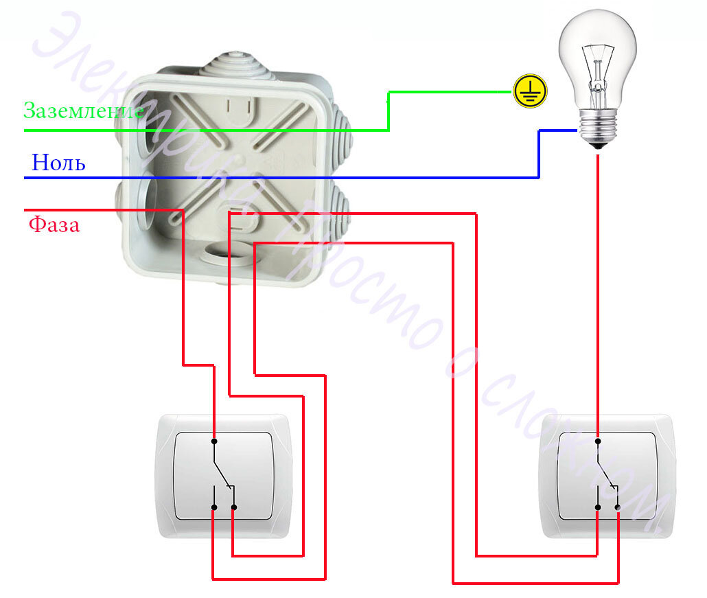 Схема подключения проходного выключателя в распределительной коробке