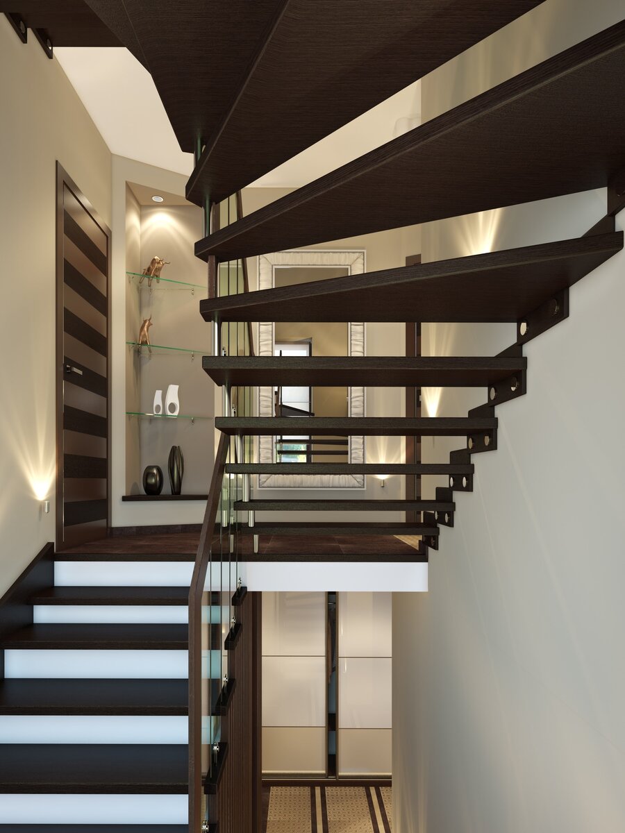 Лестница в 3D проекте загородного дома даже в своих мелких деталях раскрывает визуальное восприятие перехода с этажа на этаж.