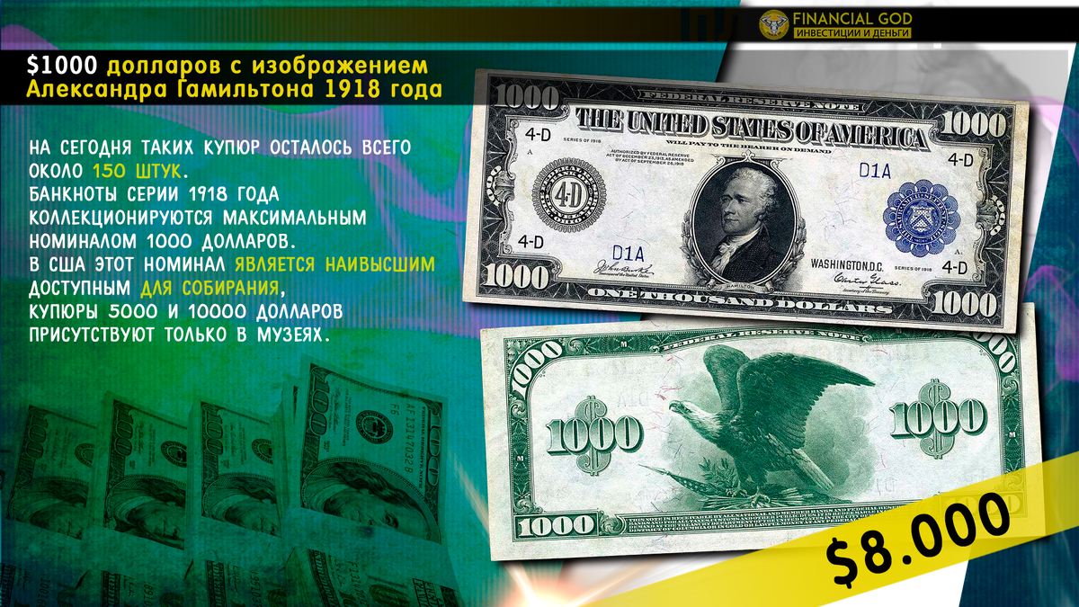 1000 долларов с изображением Александра Гамильтона 1918 года.