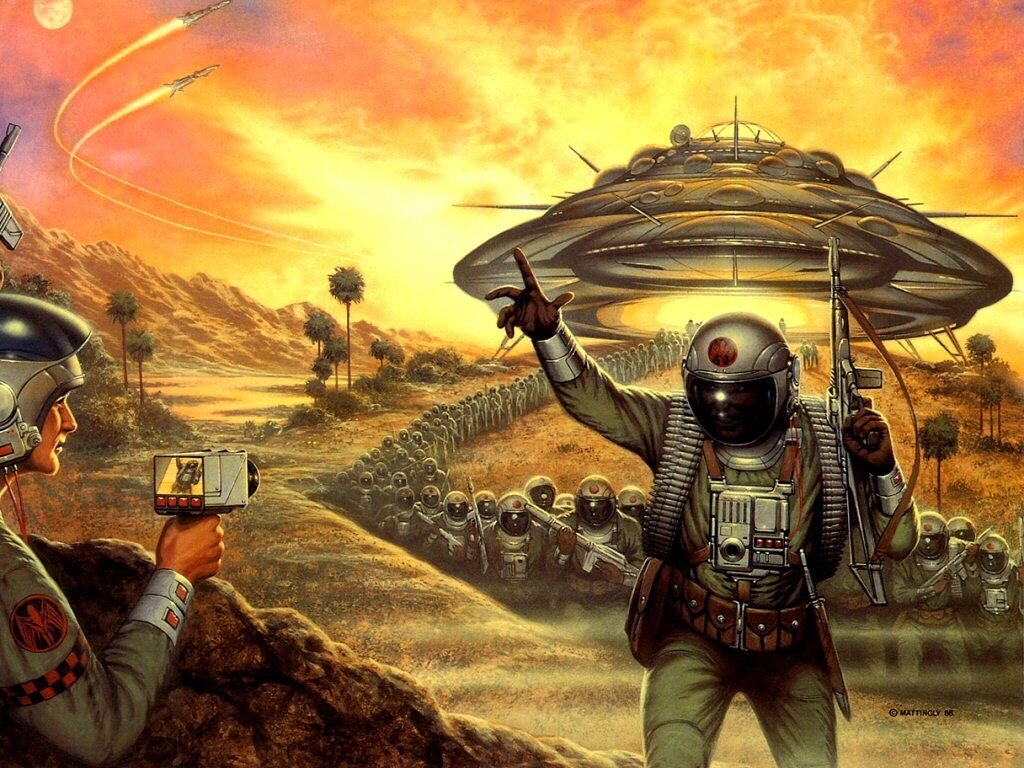 Для обложки такого разнопланового обзора взял работу Дэвида Маттингли, одного из известнейших иллюстраторов боевой и научной фантастики. Еще больше его работ на сайте https://davidmattingly.com/