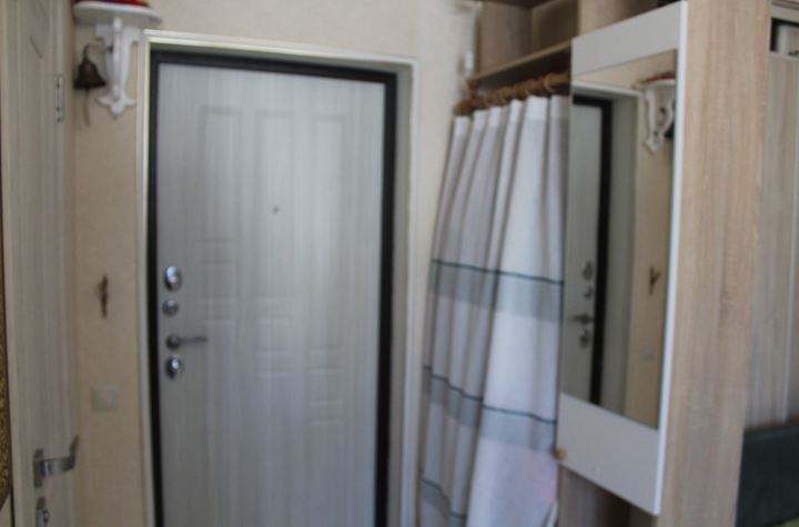 Прихожая. За ширмой весит верхняя одежда, внизу обувь. В шкафчике за зеркалом косметика и детские предметы (игрушки, книги и тд) 