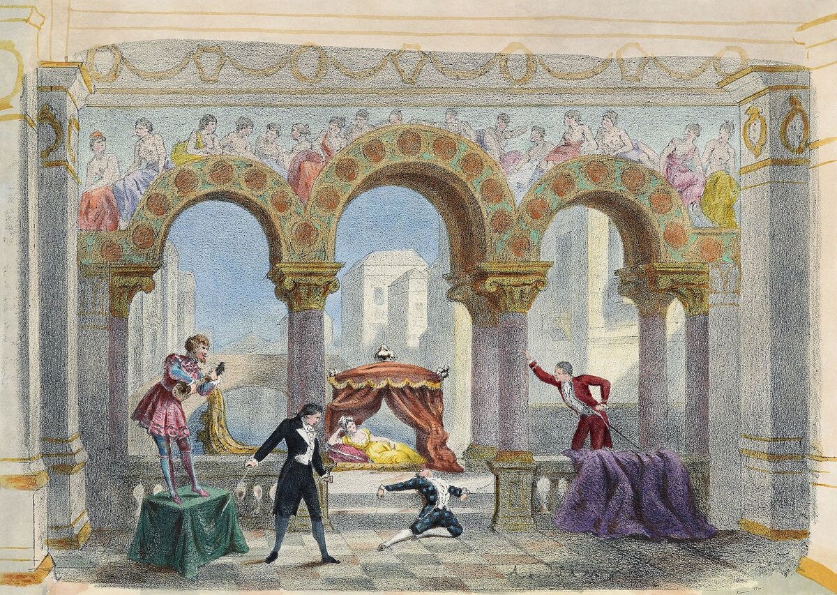 Изорбражение: Pierre-Auguste Lamy. Illustration from the 1881 première of Jacques Offenbach's Les contes d'Hoffmann, showing the Giulietta act.  https://en.wikipedia.org/wiki/File:Pierre-Auguste_Lamy_(%3F)_-_Les_contes_d%27Hoffmann_by_Jacques_Offenbach,_Giulietta_act.jpg
