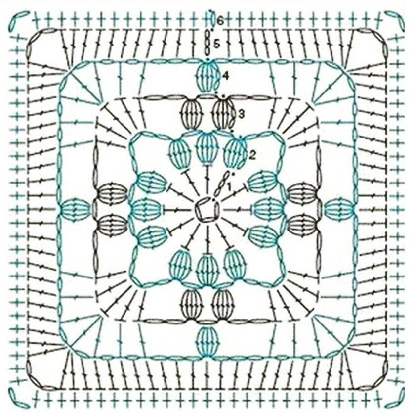 Бабушкин квадрат крючком с цветком в середине схема