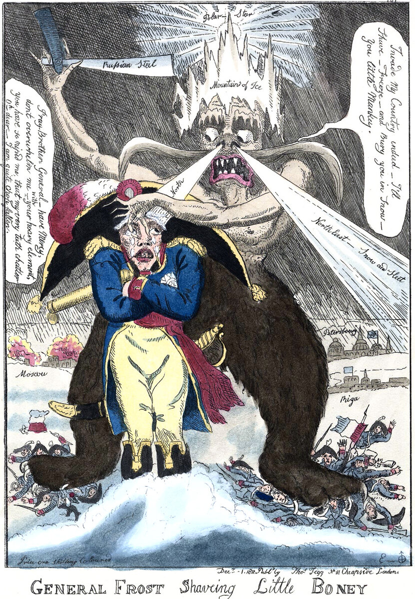Британская карикатура 1812 г. "Генерал Мороз бреет маленького Бони." Фото и изображения из открытого доступа сети интернет