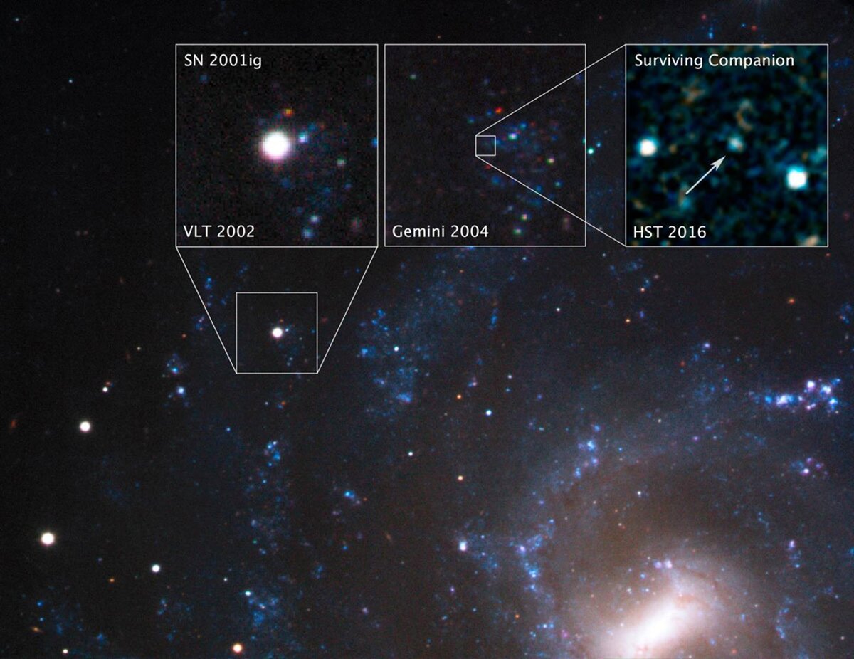 Справа вверху – «вор», слева вверху – его «жертва». Фото: nasa, esa, s. ryder (australian astronomical observatory) und o. fox (stsci).  
