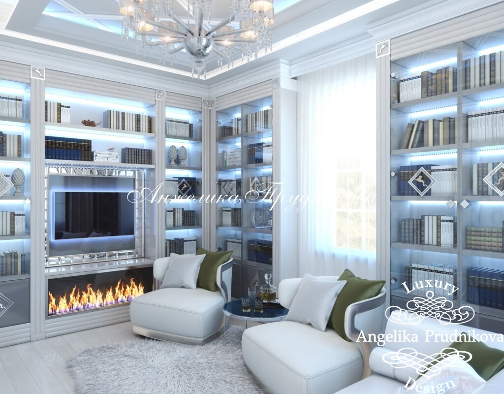 На фото: Гостиная-библиотека с голубой светодиодной подсветкой в КП «Орловъ»