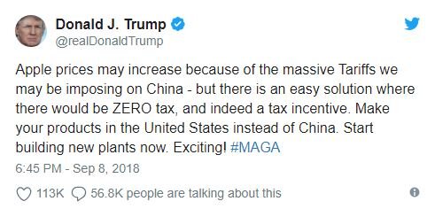 "Цены на apple могут вырасти из-за огромных тарифов, которые мы можем навязать Китаю, но есть простое решение, где будет нулевой налог и действительно налоговый стимул. Сделайте ваши продукты в Соединенных Штатах вместо Китая. Начните строить новые заводы прямо сейчас. "