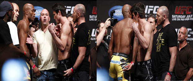 Сейчас на двойной фотографии вы наблюдаете битву взглядов. На ней бойцы становятся в стойку, стоят пару секунд, а потом расходятся. А на картинке справа показано как один из претендентов подходит и плечом бьёт соперника. Что это и зачем такая агрессия?