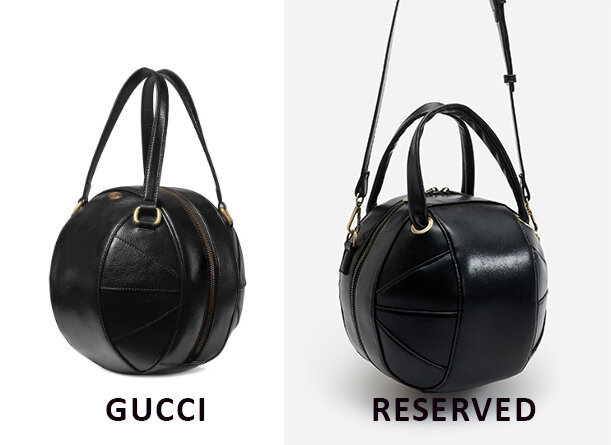 Круглая сумка-тоут Gucci за 128 000 рублей слева. Сумка-мяч Reserved за 1 999 рублей справа.