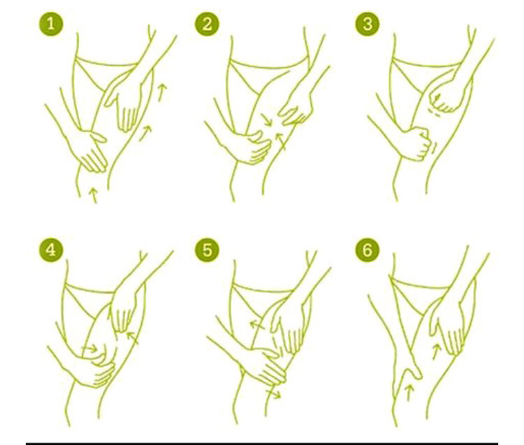 Самомассаж бедер. Антицеллюлитный массаж схема выполнения. Антицеллюлитный массаж схема руками. Антицеллюлитный массаж ручной техника. Техника массажа от целлюлита руками.