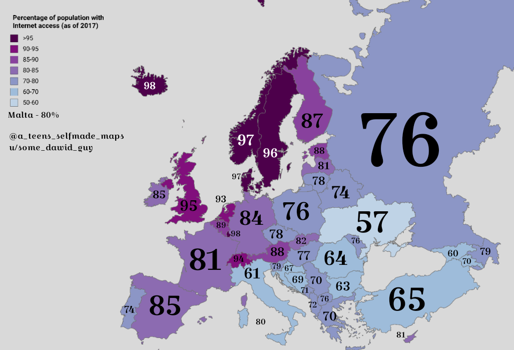Количество пользователей интернетом в странах Европы