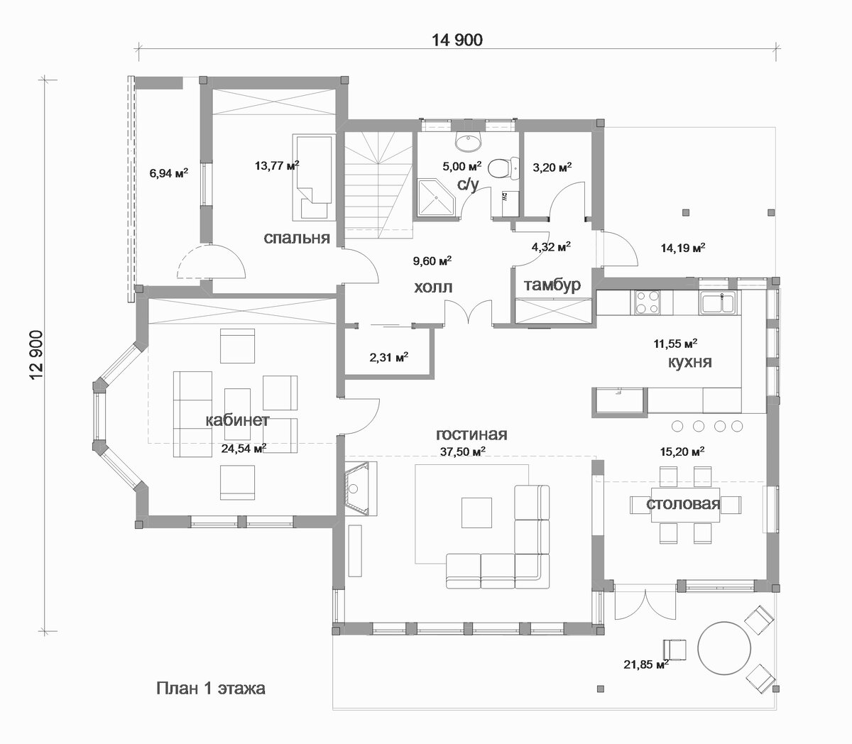 план 1 этажа каркасного дома