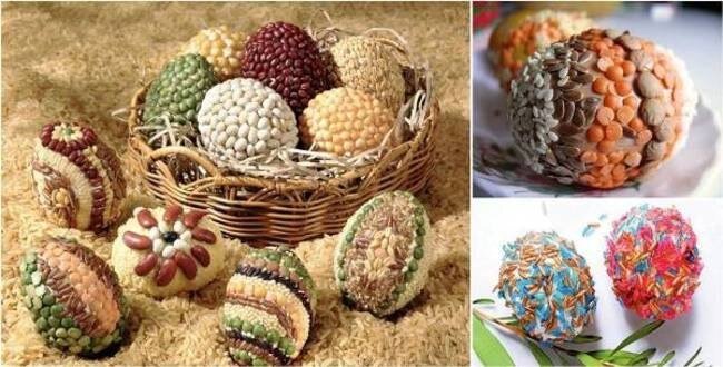 А вот такие сувениры можно сделать, если использовать крупу, причём я бы рекомендовала украшать не настоящие яйца, а взять футляр от киндера,  обмазать его пластилином,  придать более"яичную форму" а потом, по такой заготовке выкладывать мозаику из крупы, причём пластилин можно брать такой, который обычно выбрасывается, тоесть уже серобуромалиновый, а вместо крупы использовать разные мелкие бусины, кусочки ткани, можно так же декорировать поделку ярким пластилином. Сделать фотографию, обработать в любом редакторе и отправить бабушка и дедушкам вместо открытки. 