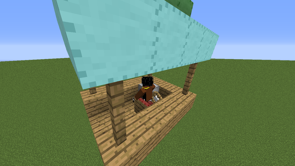 Взлетел на своей постройке (только когда добавил этот скриншот в статью, понял что в плоском мире не особо видно что я взлетел :/ )