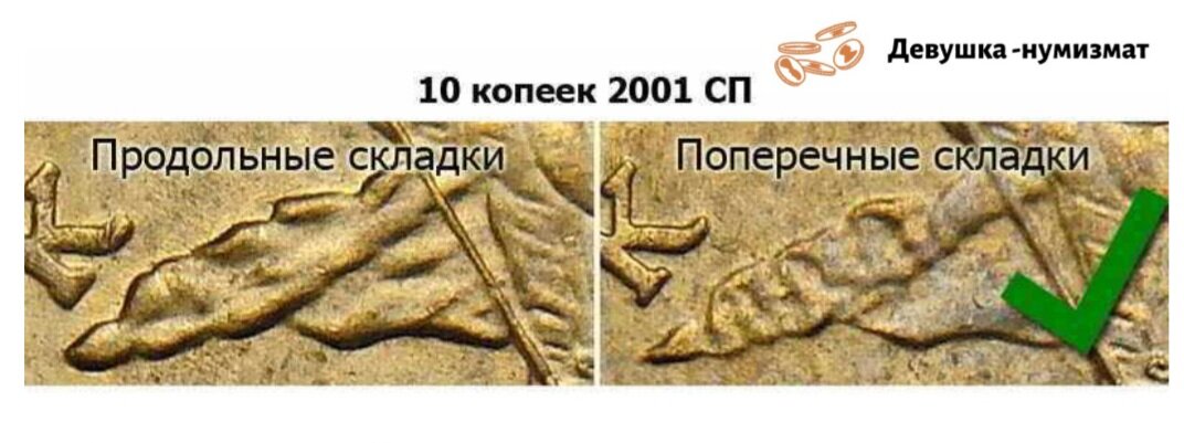 Вот, например, разновидность 10 копеек. Продольные и поперечные складки на плаще. Именно 10 копеек 2001 года, спмд с поперечными складками редкая монета и имеет нумизматическую ценность.